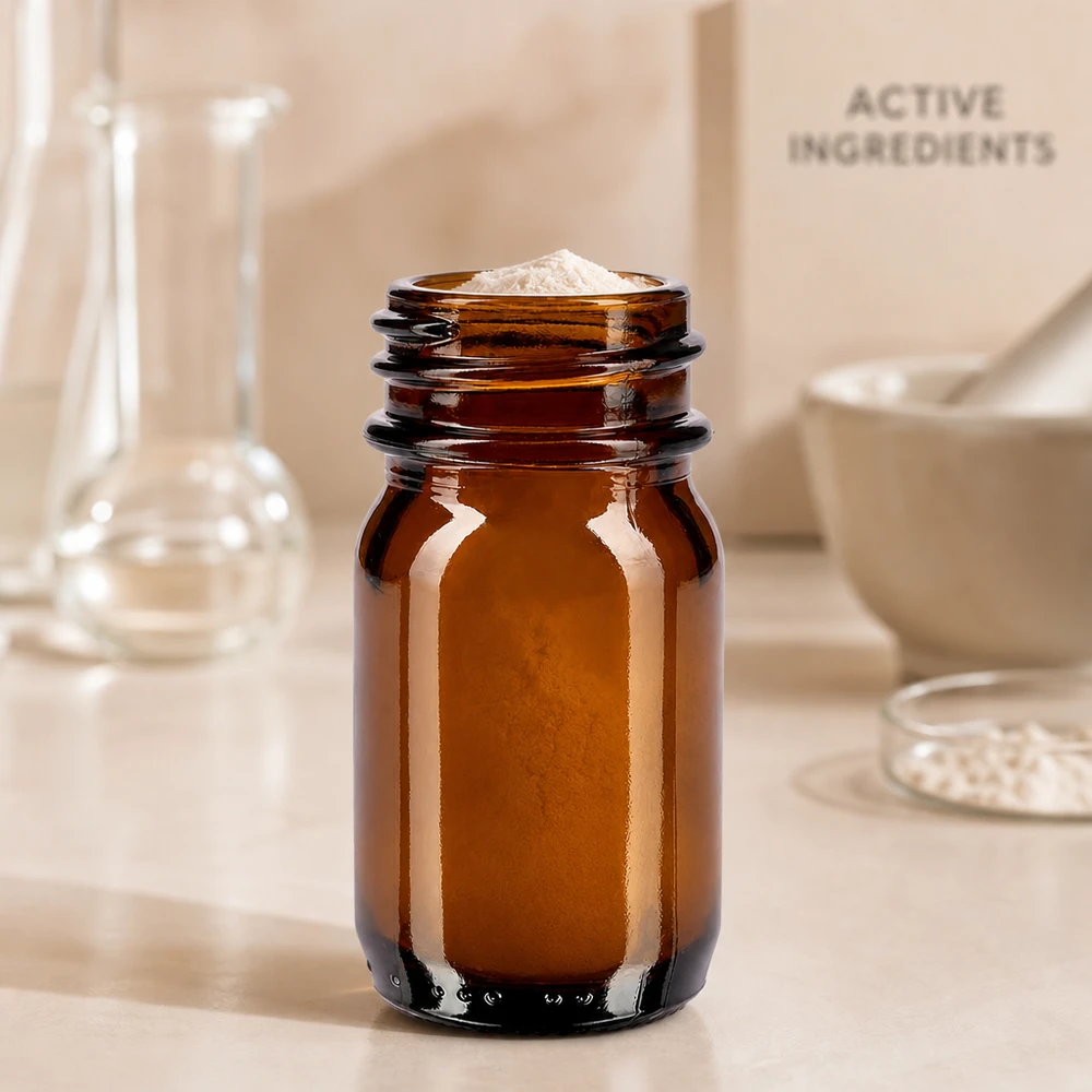 30 ml flaske med bred hals i ravfarvet glas Kompakt 30 ml flaske med bred hals lavet af ravfarvet glas af høj kvalitet til laboratoriebrug