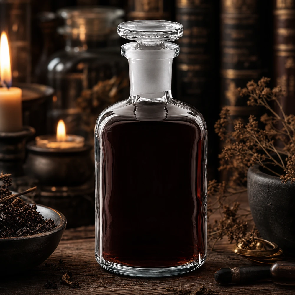 Rund skulderflaske 100 ml klar glasprop med smal hals Mørk tinktur i en 100 ml rundskulderflaske af klart glas med smal hals og glasprop – skaber en mystisk atmosfære