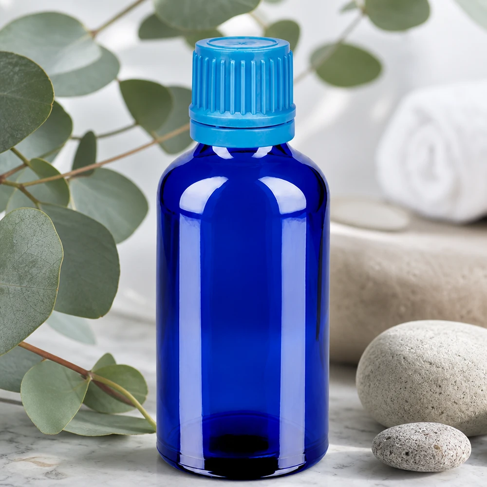 50 ml flaske 11 mm SV blå OV BlueLine UT18/50 Kompakt 50 ml dråbeflaske af blåt glas med børnesikret hætte til laboratoriebrug
