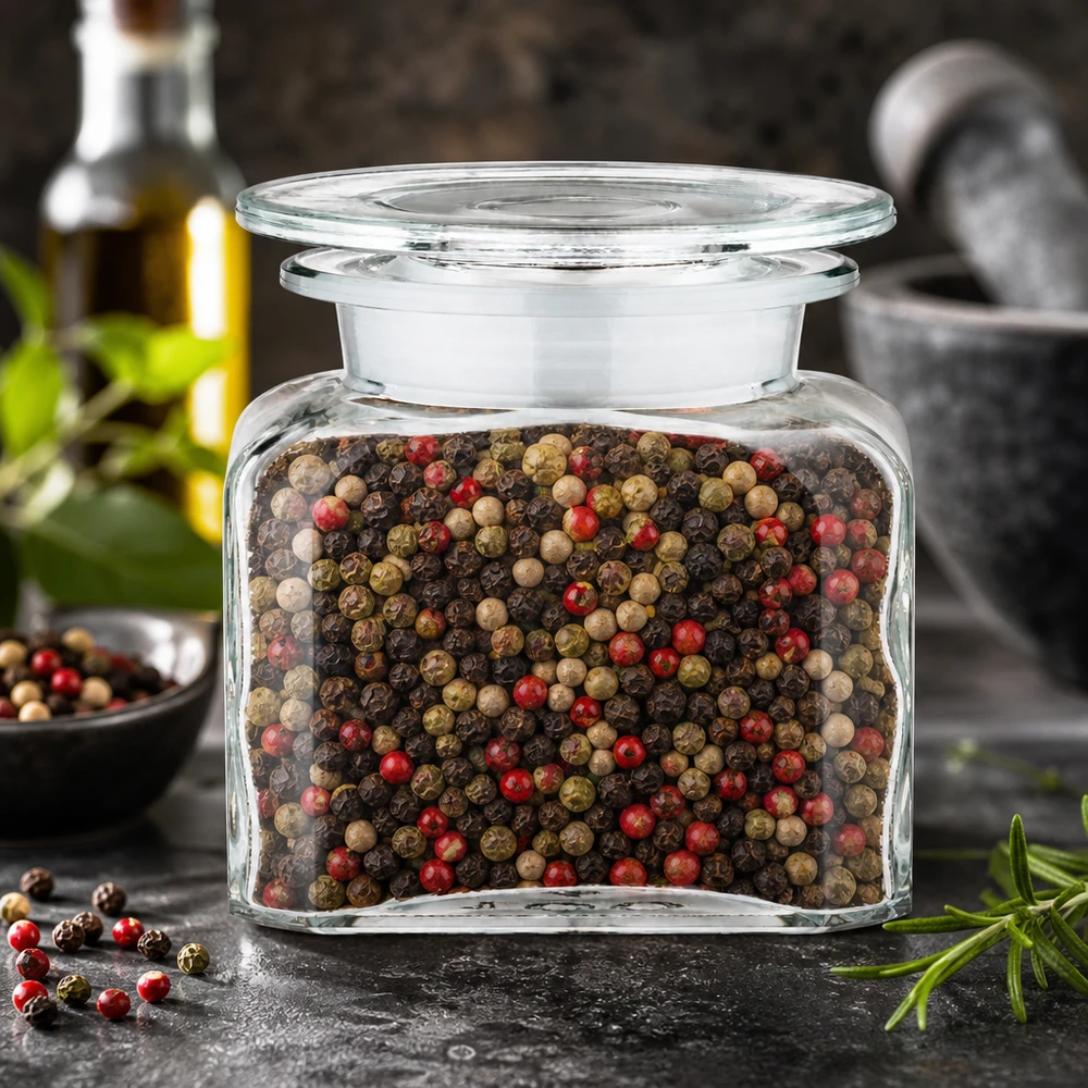 Idé til krydderiglas: Firkantet apotekerflaske 100 ml med bred hals Glasbeholder med en blanding af farvede peberkorn på en mørk stenoverflade ved siden af frisk rosmarin