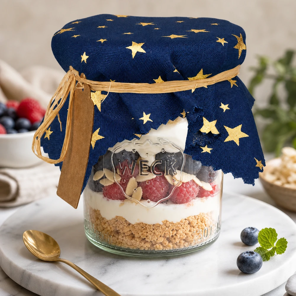 Stofdækkeserviet stjerner blå 150x150mm firkantet Blaues Sternenmuster Schmuckdeckchen auf Dessertglas mit Beeren und Sahne - dekoratives Stoffdeckchen 15cm eckig