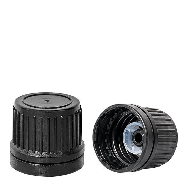 Skruelåg sort (DIN18, UT18) 8 mm hældering med manipulationssikker ring. Til ApoGlas®, UNiTWIST® & Miron® Apoteksflasker 5-100ml med 18mm gevind.