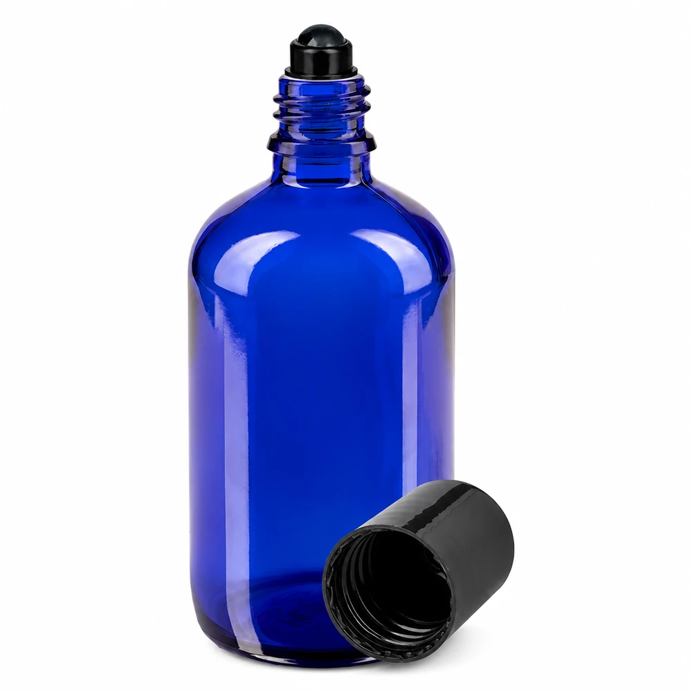 Apoteksflaske blå 100 ml roll-on-hætte sort 100 ml blå roll-on-flaske af apotekerglas med sort rullekuglelåg