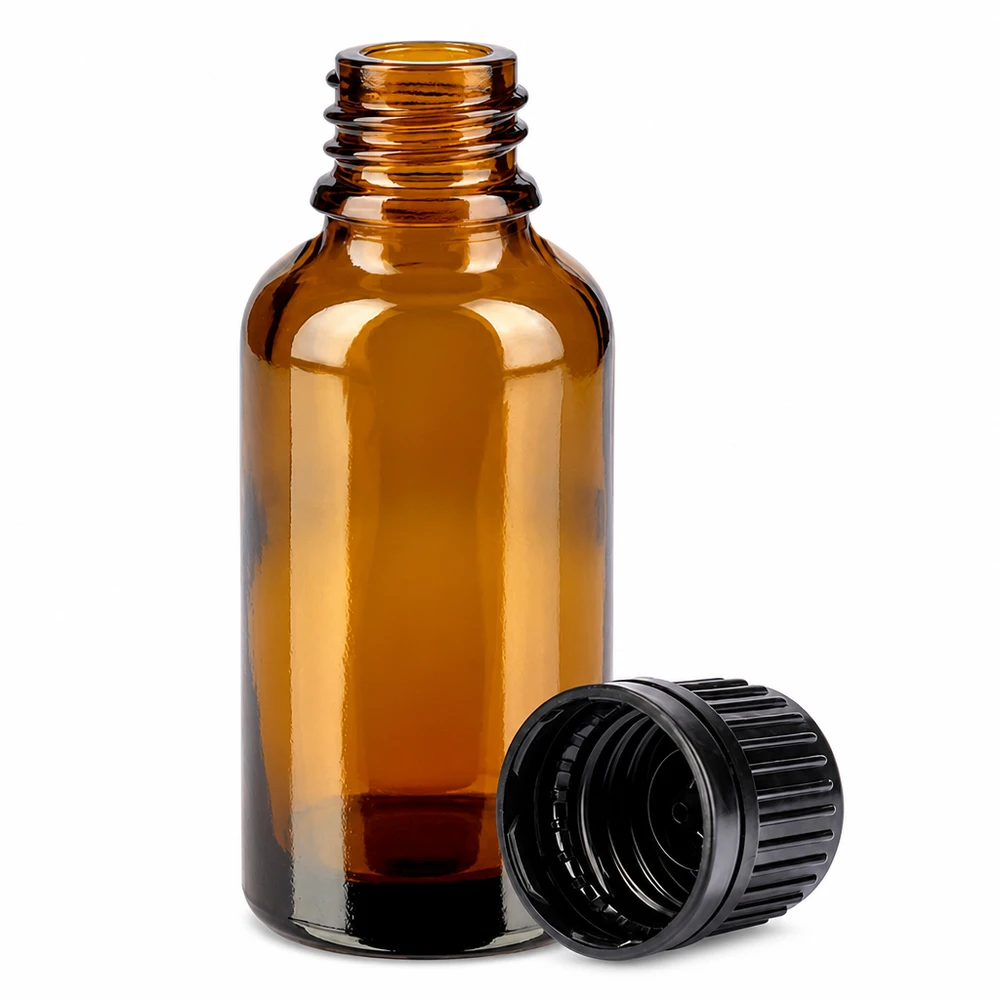 30 ml flaske 11 mm SV sort OV BrownLine UT18/30 Brun 30 ml glasflaske med sort skruelåg til aromaterapi og medicin