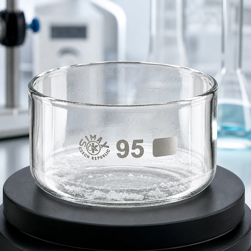 Krystalliseringsskål 300 ml uden tud Borosilikat Tom krystalliseringsskål, 300 ml, på sort laboratorievægt, borosilikatglas, Simax, 95 mm i diameter