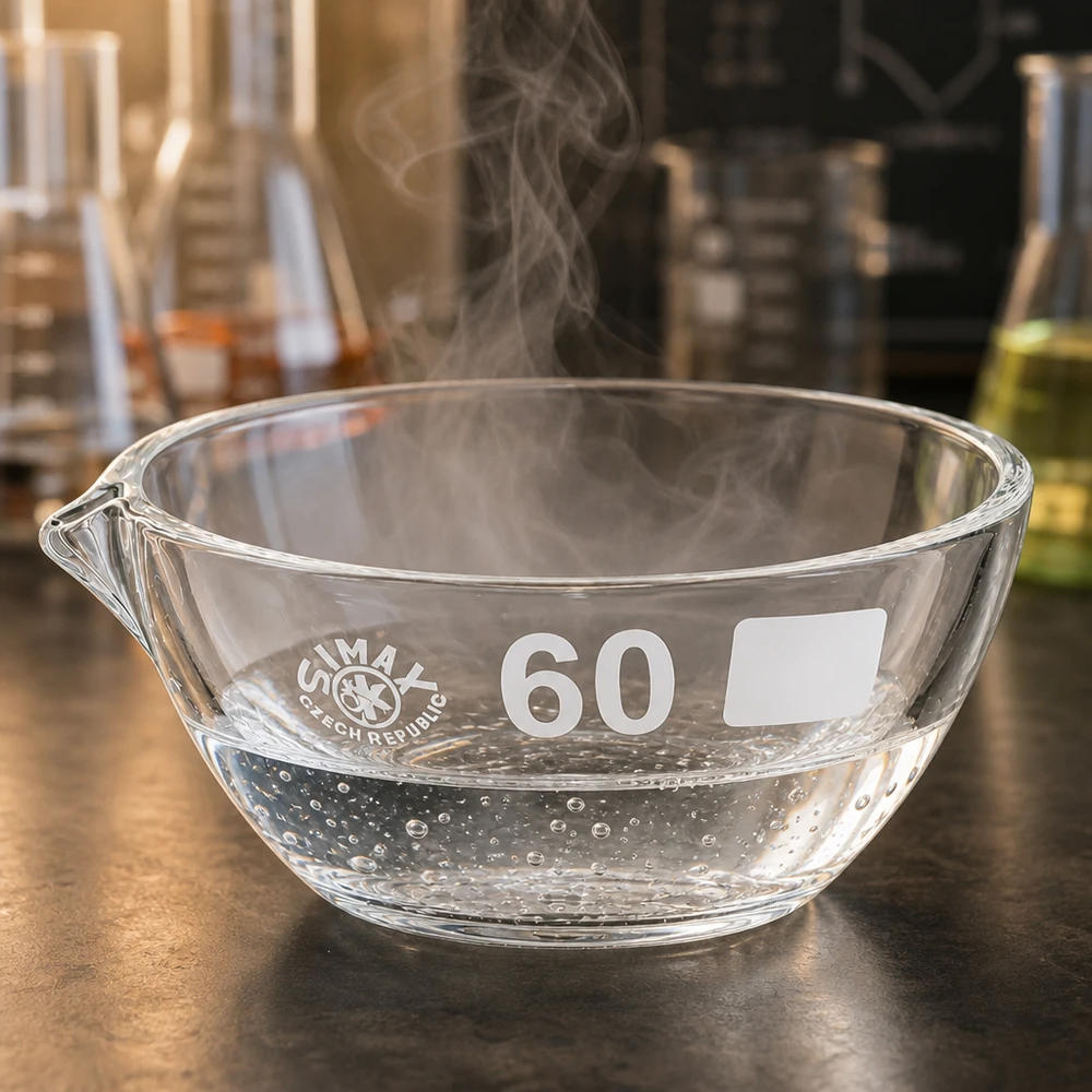 45 ml fordampningsskål med borosilikat-tud Gennemsigtig fordampningsskål i borosilikat 45 ml med tud til kemiske eksperimenter og analyser