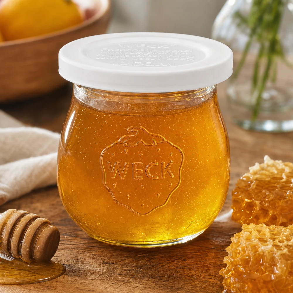 75 ml tulipankrukke med friskhedslåg WECK RR40 WECK Tulpenglas 75ml mit Honig befüllt neben Waben und Honiglöffel zeigt vielseitige Verwendung des RR40 Einmachglases