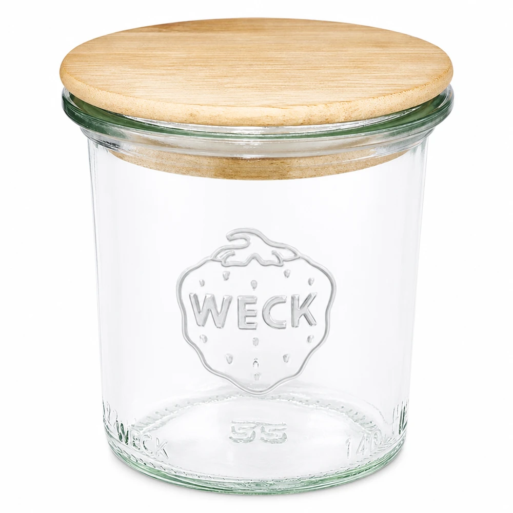 140 ml Briller WECK RR60 med trælåg 140 ml WECK RR60 murerbalje med trælåg Transparent murerbalje med naturligt trælåg til køkkenet