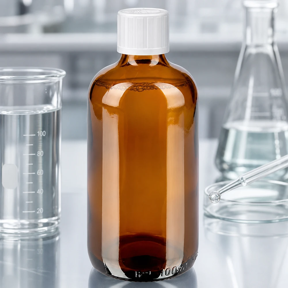 Apoteksflaske brun 100 ml skruelåg hvid KiSi St 100 ml apoteksflaske af brunt glas med hvid skruelåg og børnesikring, fremstillet i laboratoriet