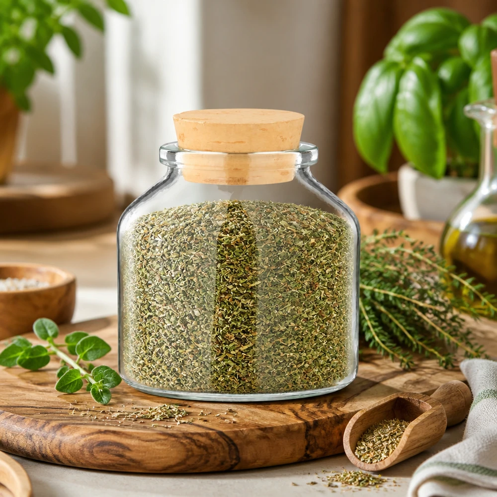 Idé til krydderikrukke: Rund 100 ml klar inkl. kork 22/26 Lille krydderiglas på 100 ml med korkprop, fyldt med tørret oregano, på et træbræt
