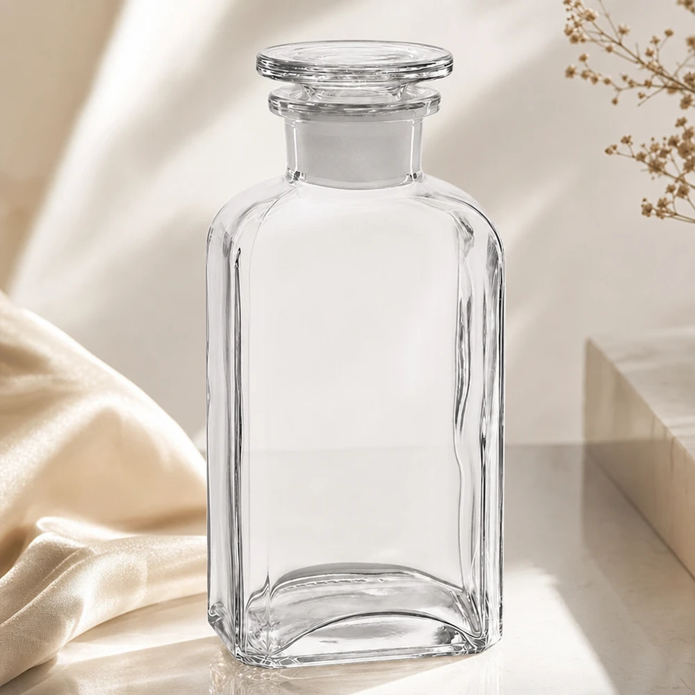 Firkantet flaske 250 ml klar glasprop med bred hals Tom firkantet flaske på 250 ml af klart glas med prop på en hvid overflade ved siden af et stykke silke