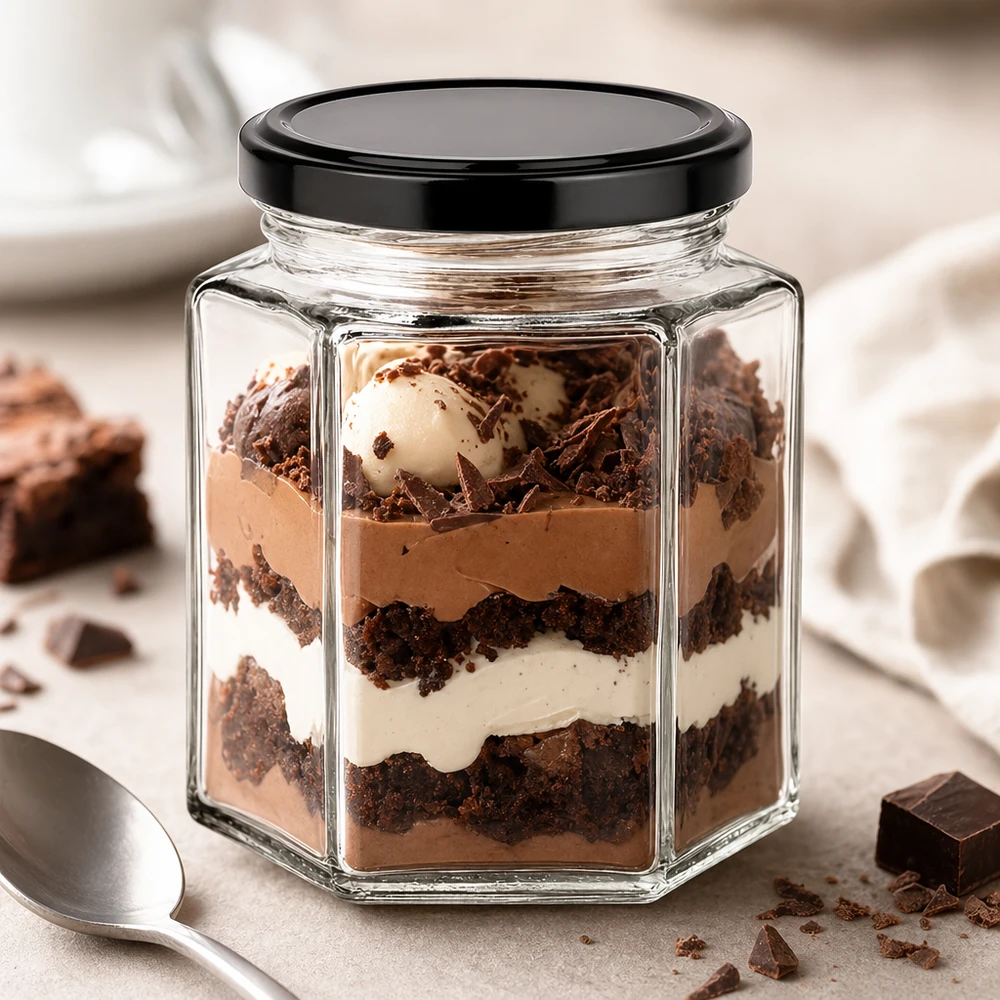 196 ml hexa-krukke med BasicSeal-låg sort UNiTWIST 196 ml hexaglas med sort låg som dessertglas til lagdelte desserter med chokolade og fløde på køkkenbordet