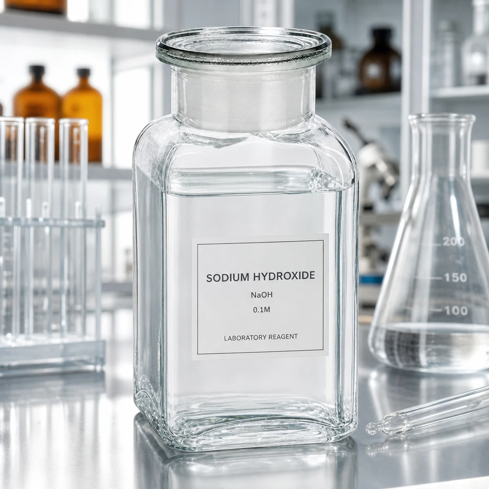 Firkantet flaske 100 ml klar glasprop med bred hals Laboratorieflaske, firkantet, 100 ml, klar, med natriumhydroxid (NaOH)-opløsning og glasprop, bred hals