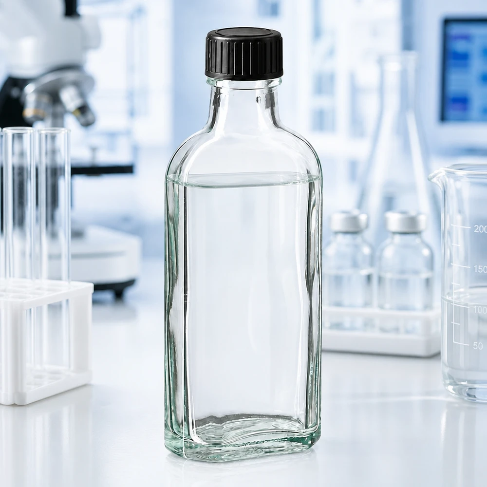 100 ml Meplat klar skruelåg med EPE-forseglingsskive Gennemsigtig 100 ml glasflaske med sort plastprop i et laboratorium på en hvid arbejdsflade