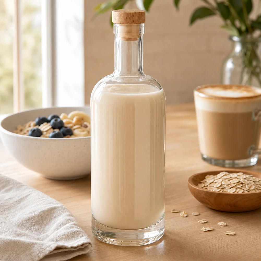 750 ml glasflaske »Emma« med træhåndtag UNiTWIST® 750 ml glasflaske Emma med træprop fyldt med havremælk ved siden af kornskål og kaffekop på træbord