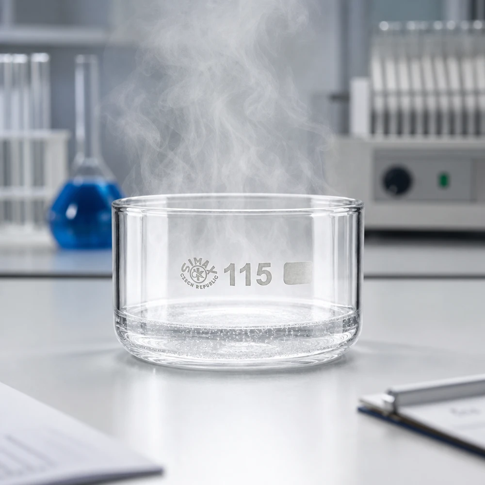 SIMAX-krystalliseringsskål på 500 ml, hvorfra der stiger damp op fra det varme vand, på en hvid laboratorieplade