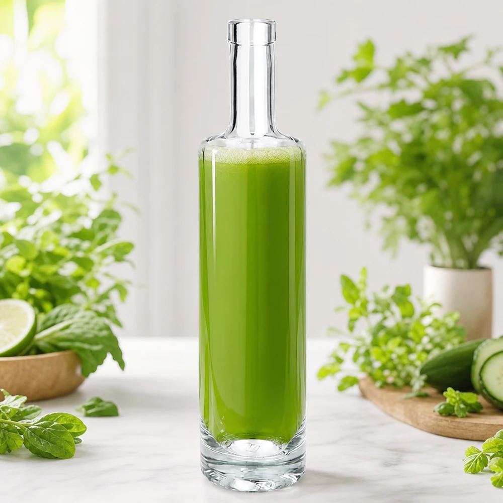 500 ml glasflaske »Lina« uden låg UNiTWIST® 500 ml glasflaske med Lina fyldt med grøn smoothie mellem friske krydderurter og grøntsager i en naturlig køkkenscene