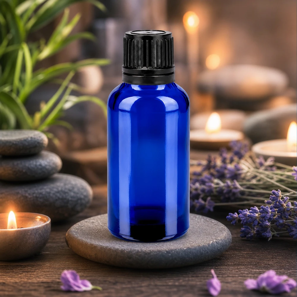 30 ml flaske 11 mm SV sort OV BlueLine UT18/30 30 ml violet glasflaske med UV-beskyttelse til lysfølsomme essenser og tinkturer
