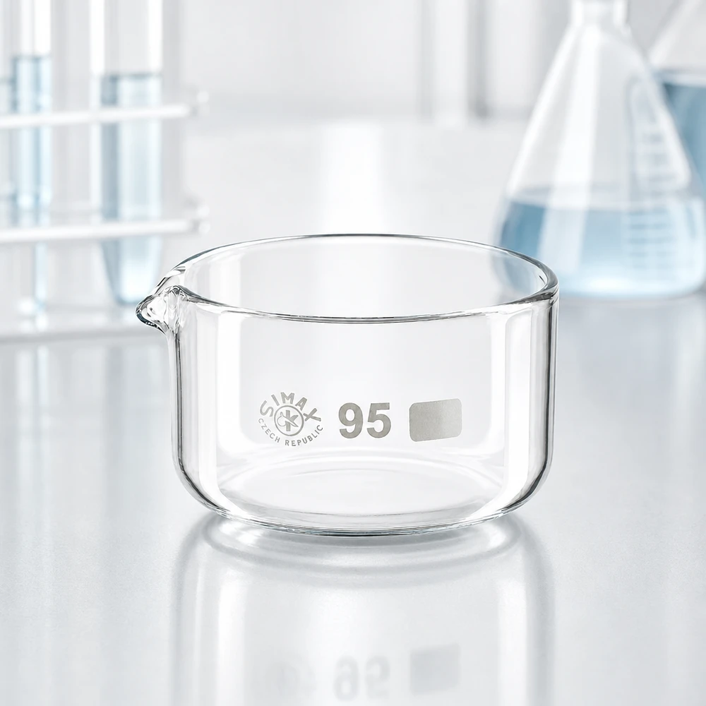 Krystalliseringsskål 300 ml med borosilikat-tud Rundt laboratorieglas på 300 ml med udløb, fremstillet af klart borosilikatglas på hvid SIMAX-laboratorieunderlag
