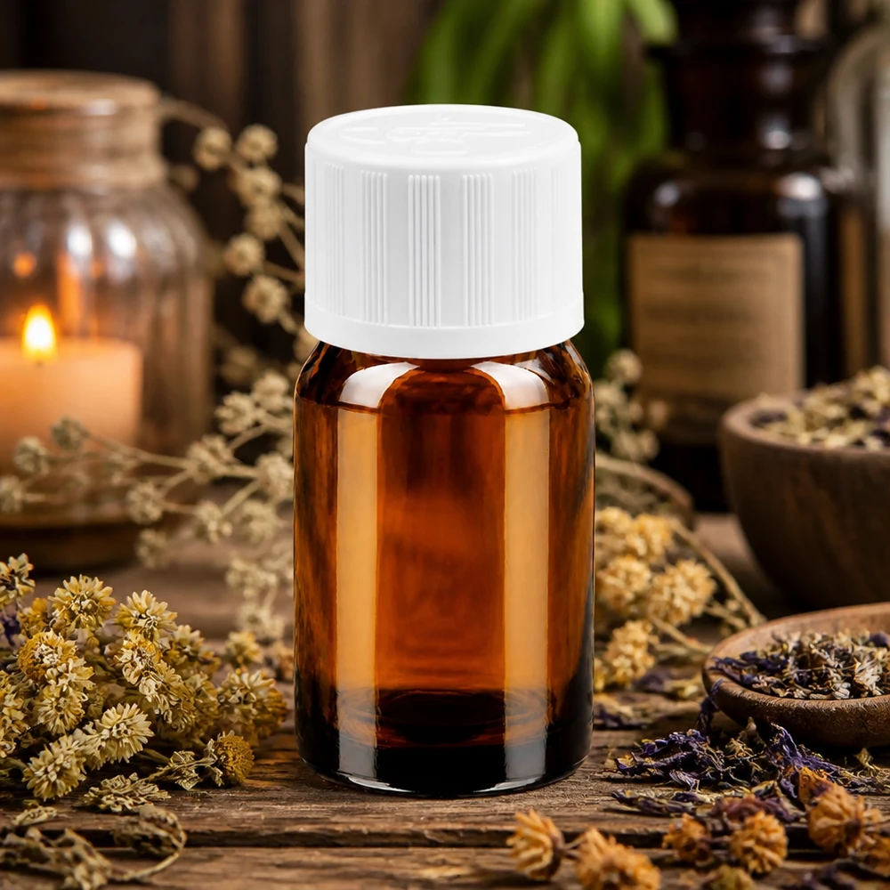 5ml flaske 11mm SV m. STD KiSi BrownLine UT18/5 5 ml ravfarvet glasflaske med børnesikringshætte til sikker opbevaring af aromaterapiolier
