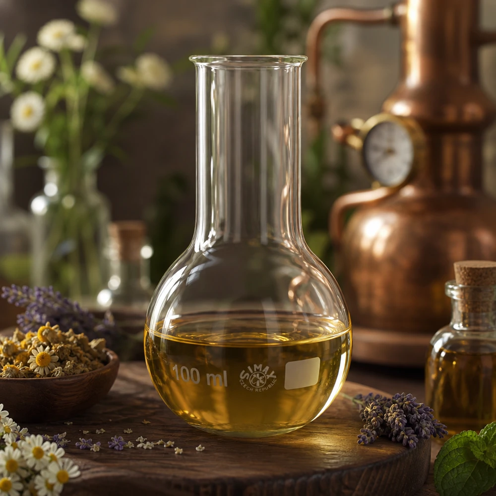 Lommelærke 100 ml med bred hals Laboratoriekolbe 100 ml med pæreformet design og lang hals til destillerede olier og ekstrakter