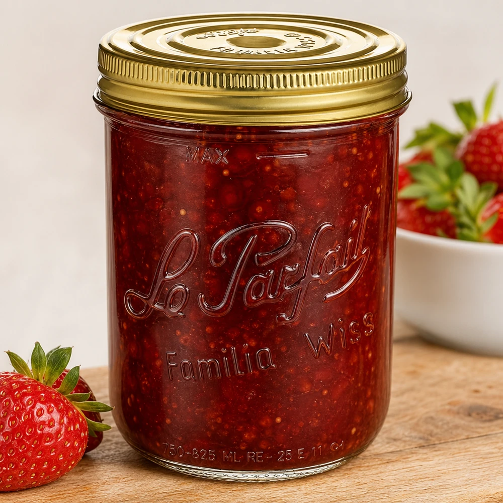 Le Parfait® Familia Wiss 1 kg Ø100 mm glas Familia Wiss 1020 ml murerbalje med skruelåg fyldt med jordbærmarmelade ved siden af friske jordbær