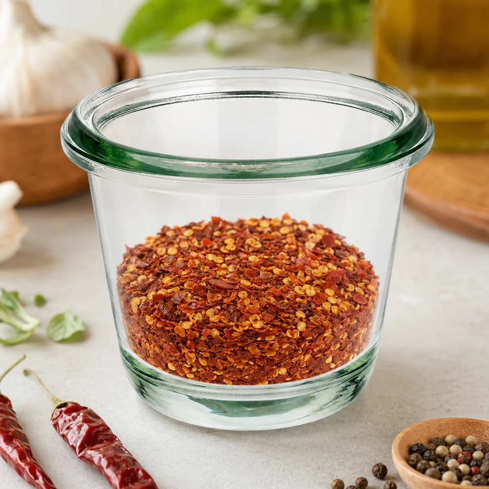WECK gourmetglas RR60 80 ml fyldt med røde chiliflager mellem tørrede chilier og peberkorn