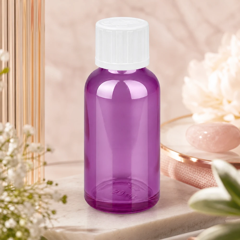 30 ml dråbeflaske 1,2 mm hvid standard børnesikret PurpleLine.UT18/30 30 ml dråbeflaske i høj kvalitet med 1,2 mm præcisionsåbning i et elegant lilla look til præcis dosering