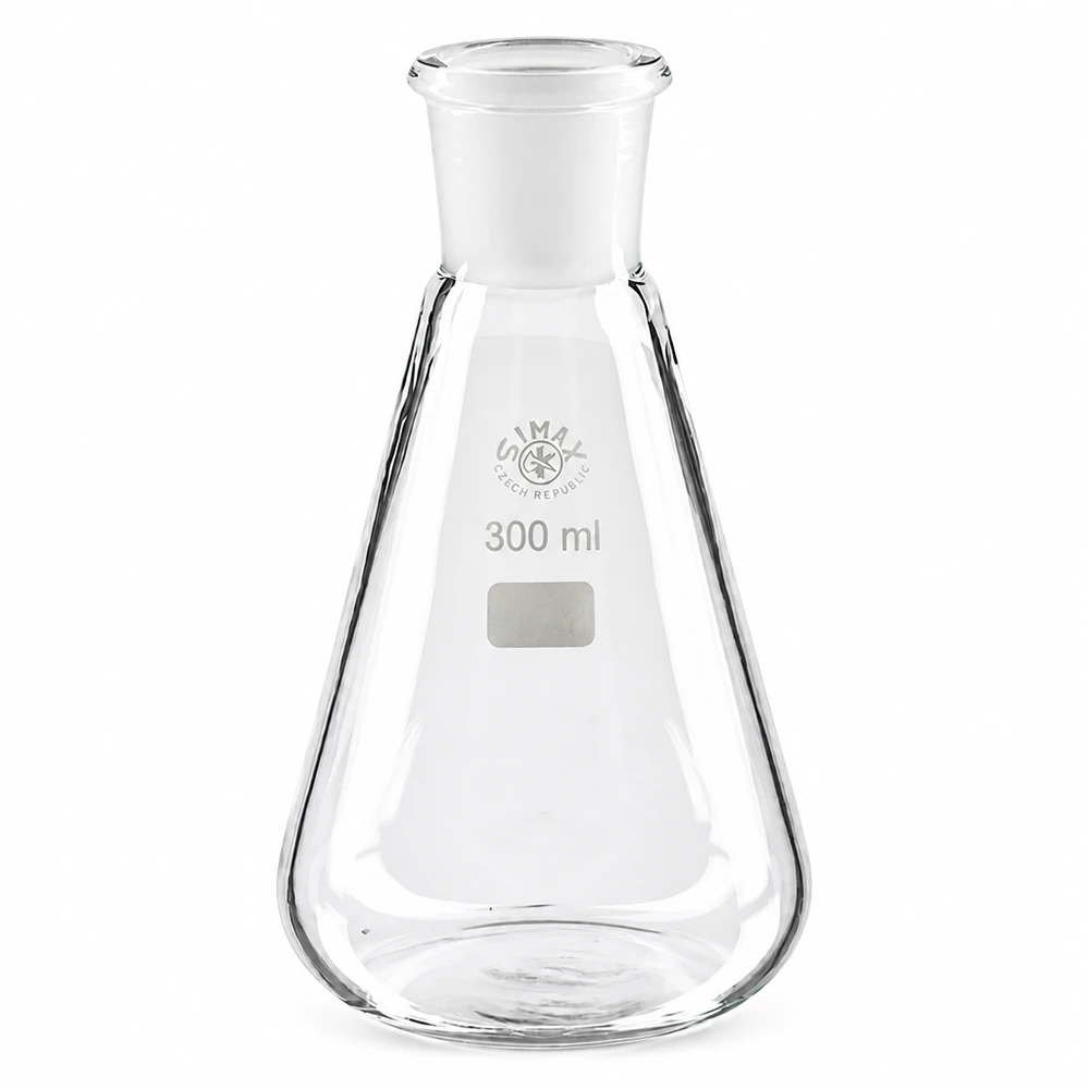 Erlenmeyer-kolbe 300 ml med standard slebet led (29/32) Erlenmeyer-kolbe 300 ml med konisk form og slebet samling 29/32 lavet af gennemsigtig laboratoriegas