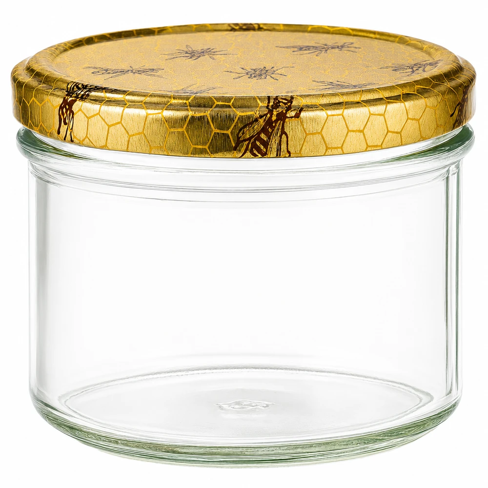 250 g honningglas med låg med honningkagemønster BasicSeal UNiTWIST 250g Honigglas mit goldenem Bienenwabe-Deckel - leeres Einmachglas für Honig, Marmelade und Vorräte