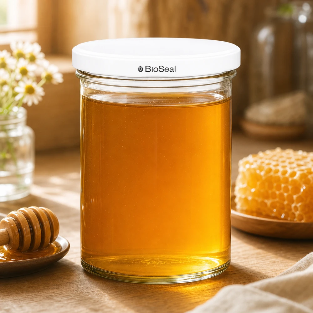 UNiTWIST Lintel435 med hvidt låg TO82 BioSeal UNiTWIST-glas 435 ml fyldt med honning ved siden af honningkage og honningske viser naturlig opbevaring af fødevarer