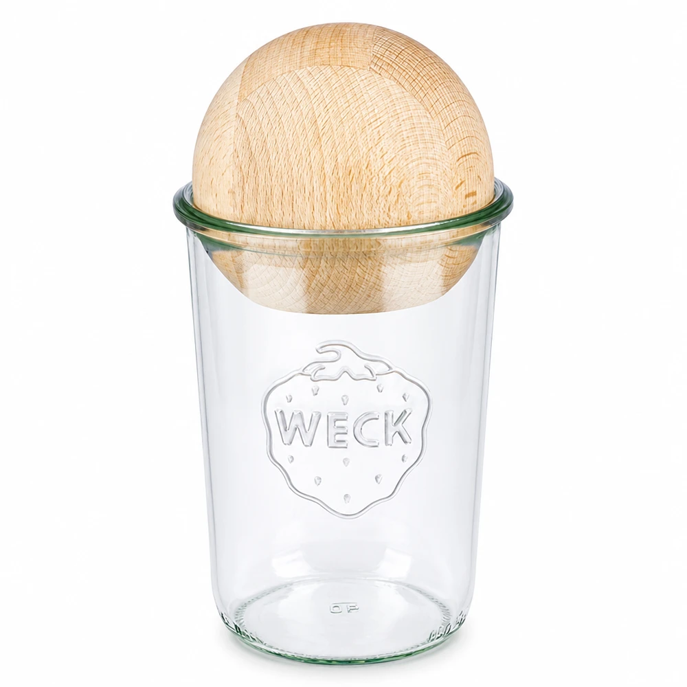 850 ml Briller WECK RR100 med trækugle bøg WECK RR100 glas 850 ml med kuglelåg af bøgetræ, gennemsigtigt syltetøjsglas med trælåg