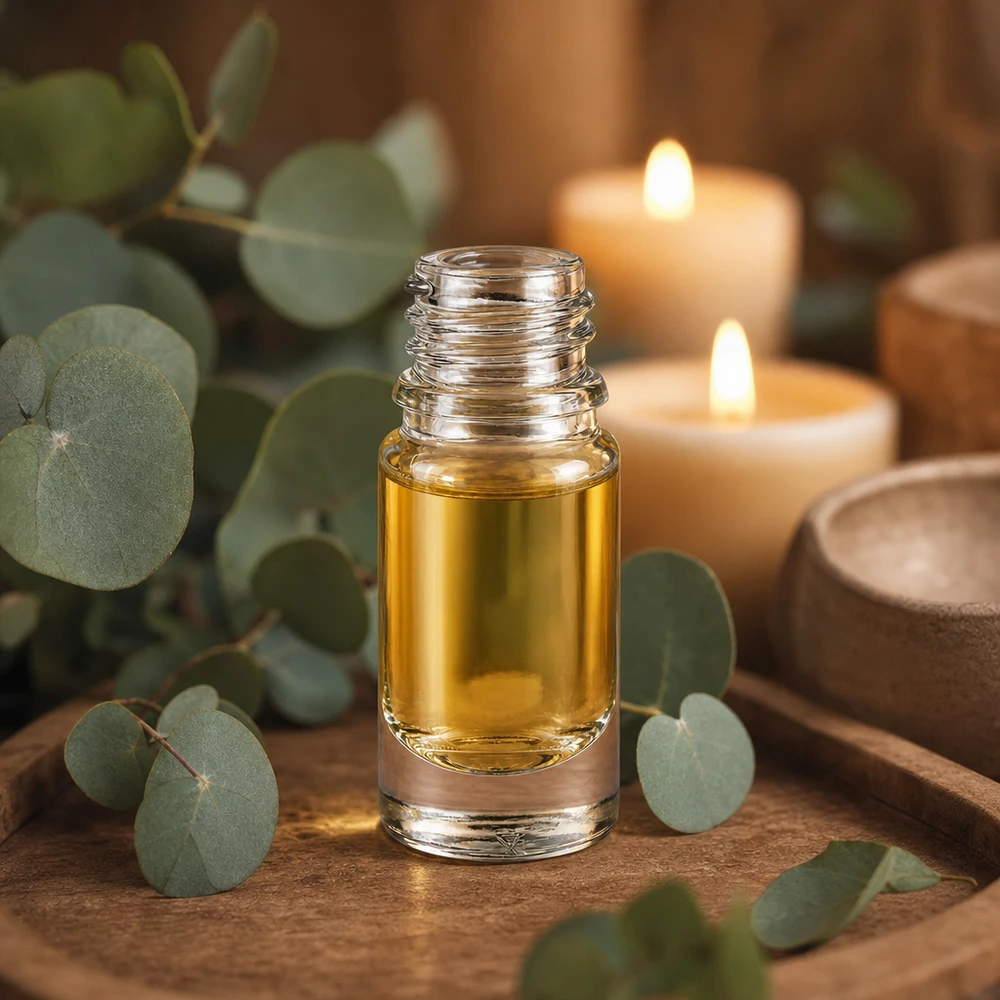 Flaske i klart glas 5ml DIN 18 5 ml apotekerflaske ApoGlas med gylden gul væske i en afslappende aromaterapi-atmosfære