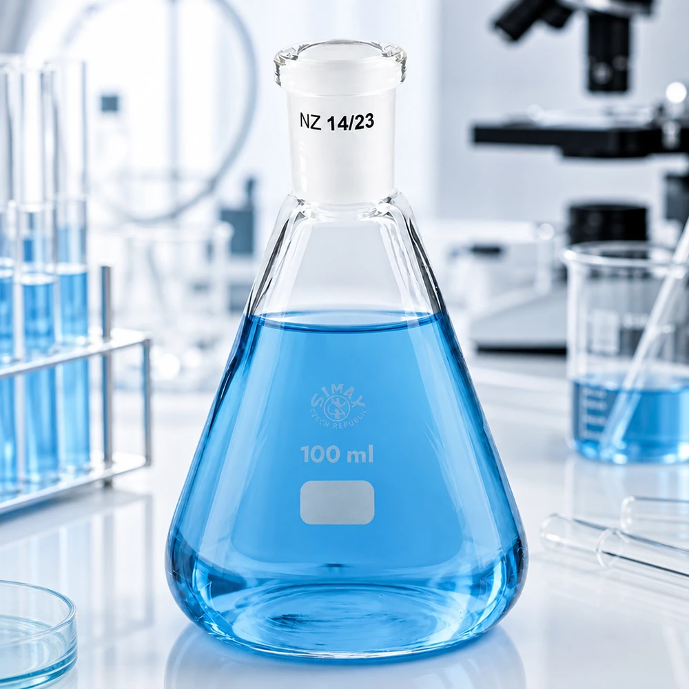 Erlenmeyer-kolbe 100 ml med standard slebet led (14/23) Erlenmeyer-kolbe 100 ml med standard slebet led (14/23)
