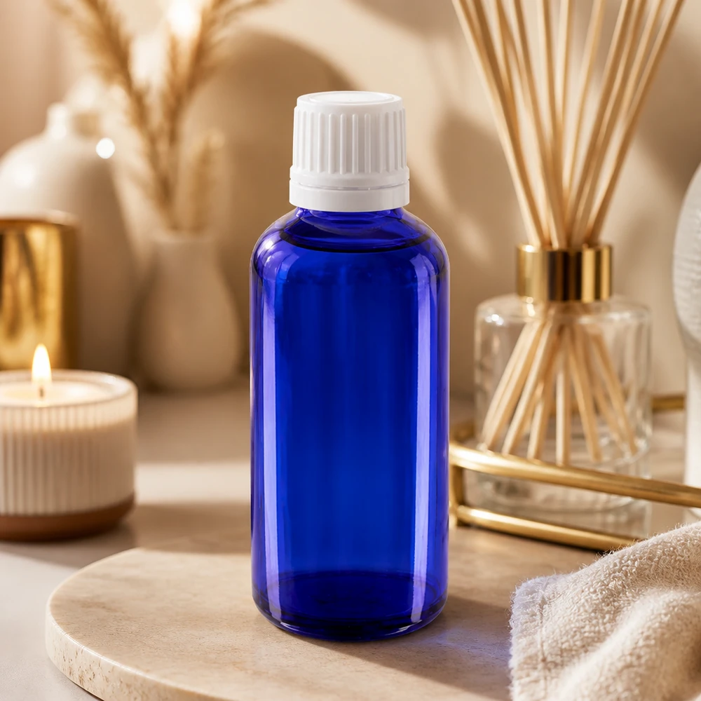 Apoteksflaske blå 50ml dryp v. 1,2 mm hvid OV 50 ml apotekerflaske af blåt glas med hvid doseringsprop til kosmetik og aromaterapi