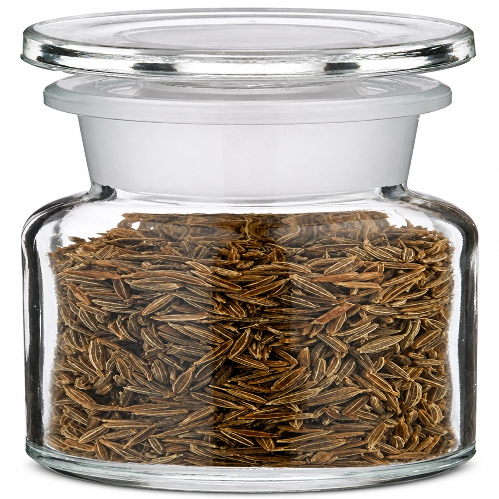 Idé til krydderiglas: apotekerflaske 50 ml med bred hals i klart glas Apotekerflaske, 50 ml, bred hals, klart glas, fyldt med kumminfrø som krydderikrukke