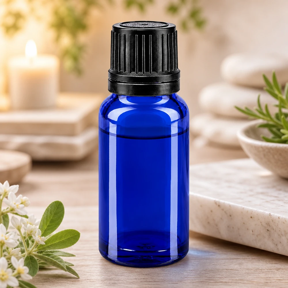 Apoteksflaske blå 10ml dryp v. Pr. 1mm sort OV Mørkeblå 10 ml dråbeflaske med sort originalitetslåg af apoteksglas af høj kvalitet