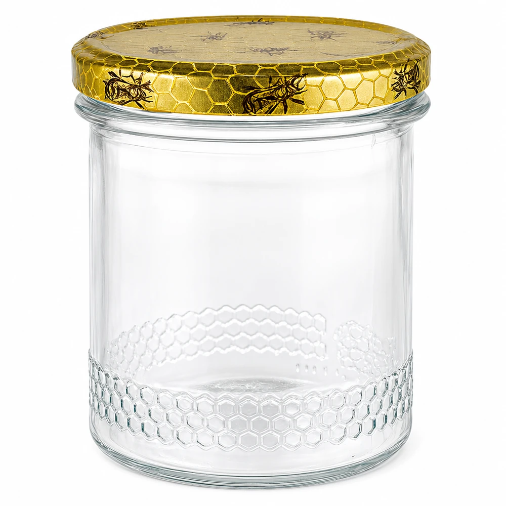 560 g honningglas med honningkagemønster-låg BasicSeal UNiTWIST 400 ml honningkrukke med gyldent honeycomb-låg, tom krukke med honeycomb-mønster til honning og biavl