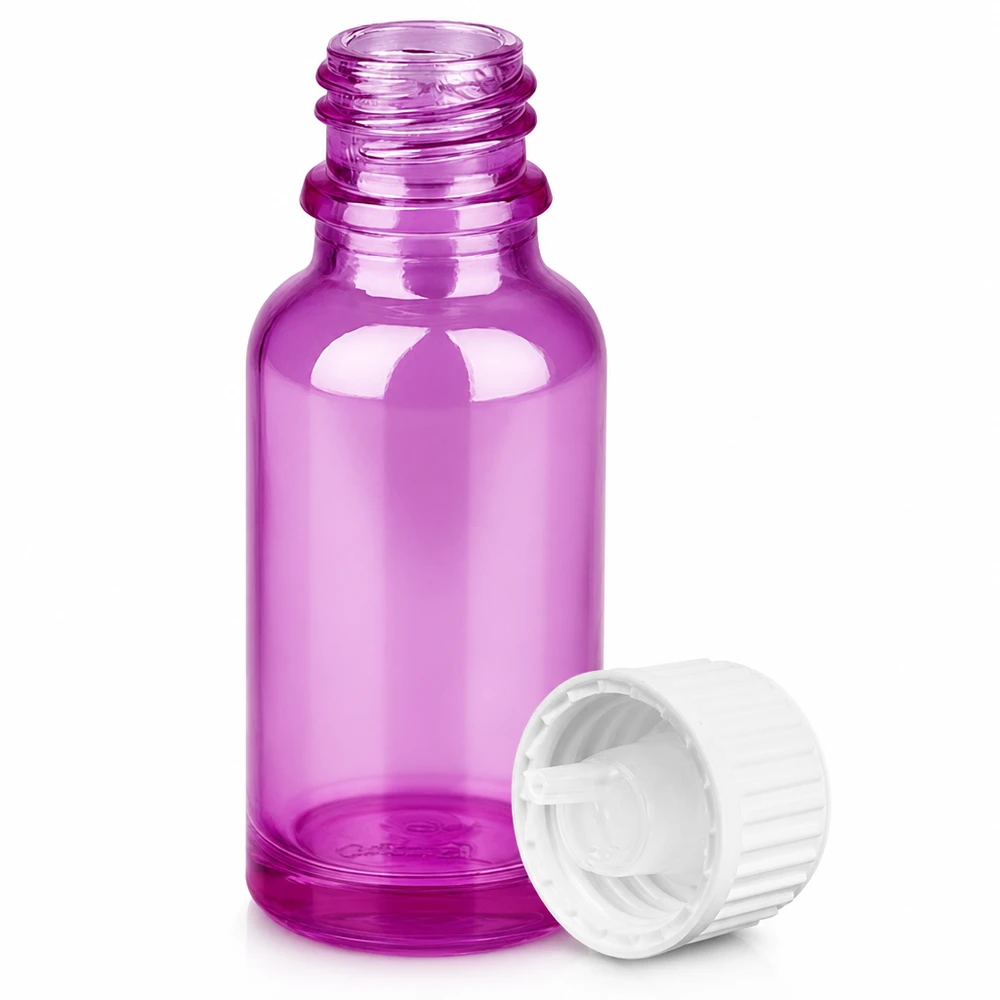 20 ml dråbeflaske 0,9 mm hvid standard PurpleLine. UT18/20 Lilla 20 ml glasflaske med hvid dråbehætte til æteriske olier og serummer