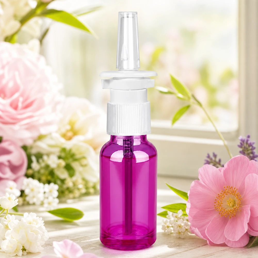 20 ml næsesprayflaske hvid/transparent standard PurpleLine. UT18/20 Kompakt 20 ml næsesprayflaske med UT18/20-gevind i lilla til medicinsk brug