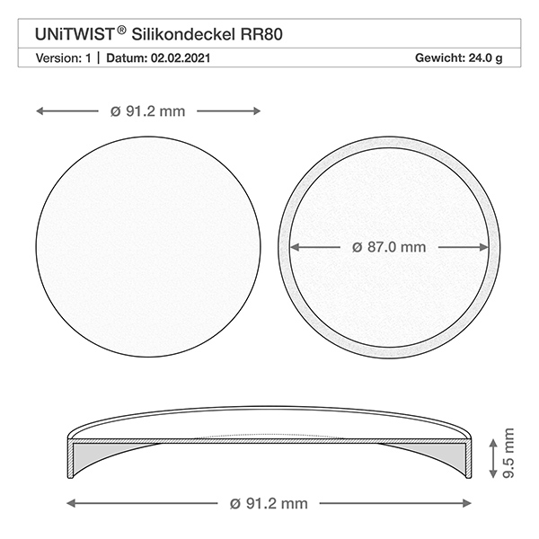 165 ml Briller WECK RR80 med silikonelåg hvid Teknisk tegning WECK silikonelåg RR80 med mål 91,2 mm diameter 9,5 mm højde til tulipankrukke 370 ml