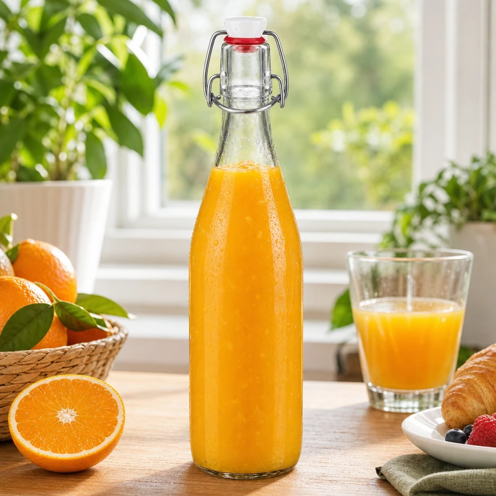 500 ml glasflaske og hængelåg i PVC UNiTWIST 500ml Glasflasche Bügelverschluss befüllt mit frischem Orangensaft Frühstück gesunde Getränke Vintage Design