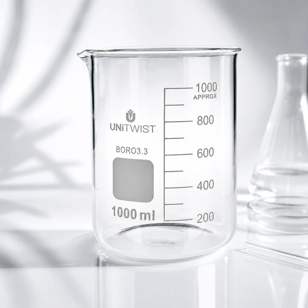 Bæger 1000 ml borosilikat, lav form UNiTWIST UNiTWIST bægerglas 1000 ml, borosilikat 3.3, lav form, gennemsigtigt, tomt, på hvid baggrund