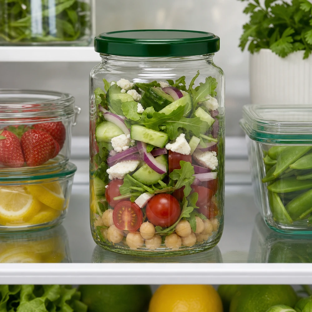 795 ml rund krukke + BasicSeal-låg grøn UNiTWIST 795ml UNiTWIST Rundglas mit grünem Deckel gefüllt mit Salat im Kühlschrank - perfekt für Meal Prep und Vorratshaltung