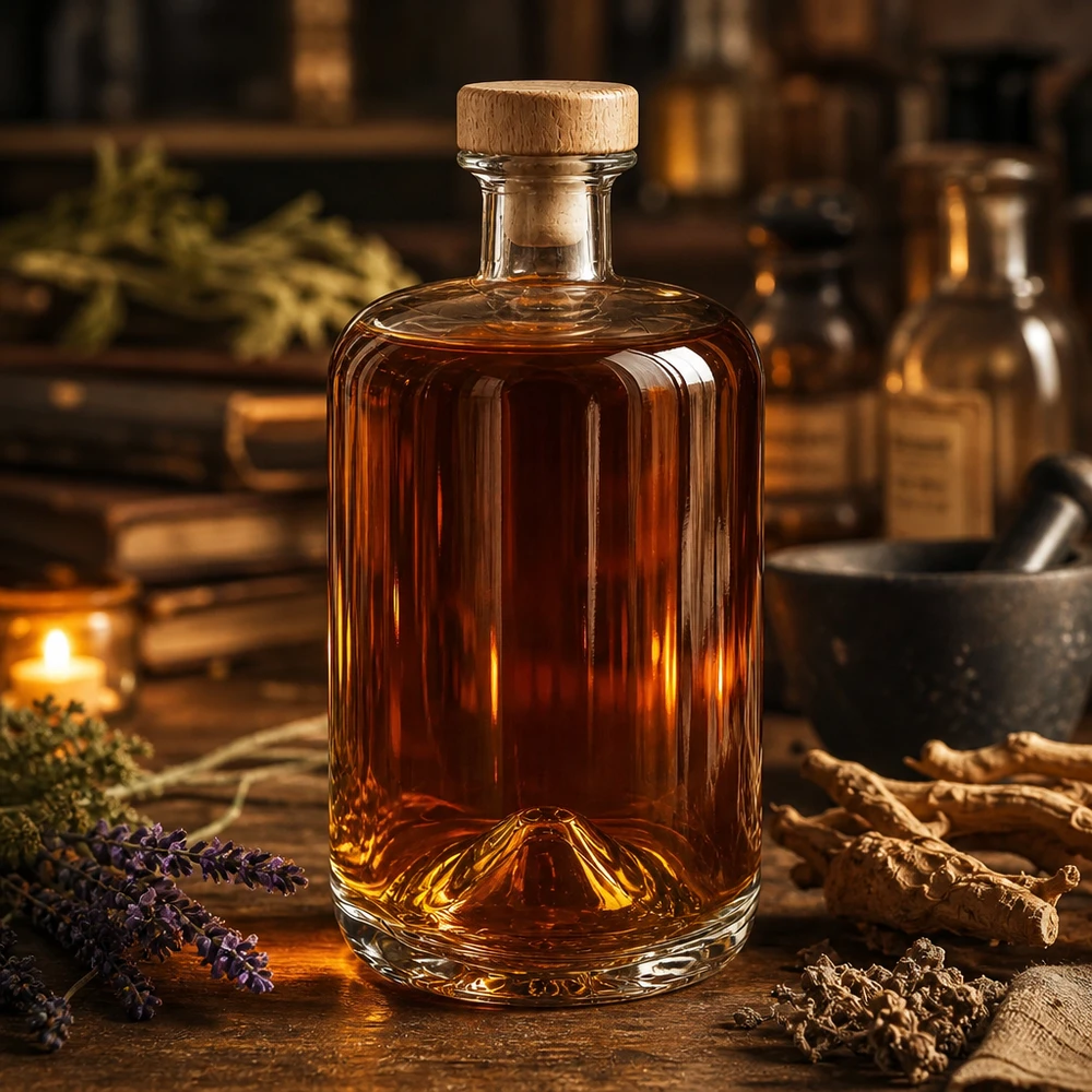 700 ml apoteksflaske Sofia med træhåndtag og kork UNiTWIST® Glasflasche Sofia 700ml mit Holzkorken in rustikaler Apotheker-Atmosphäre mit Kräutern und warmem Ambiente