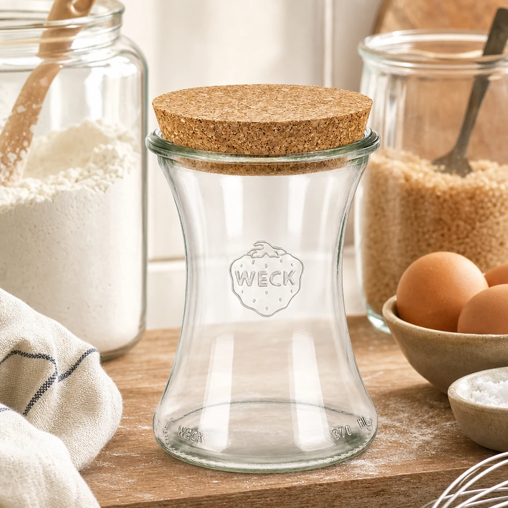 WECK opbevaringskrukke 370 ml RR80 med korklåg i et rustikt køkken mellem malkrukker, æg og bageingredienser