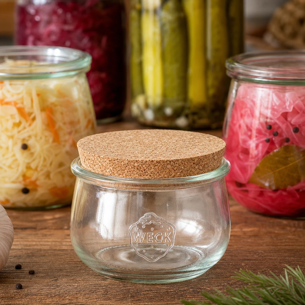 580 ml tulipankrukke WECK RR100 med kork natur WECK tulipankrukke RR100 580 ml med naturkork mellem fermenterede grøntsagskrukker og dekoration af syltede agurker