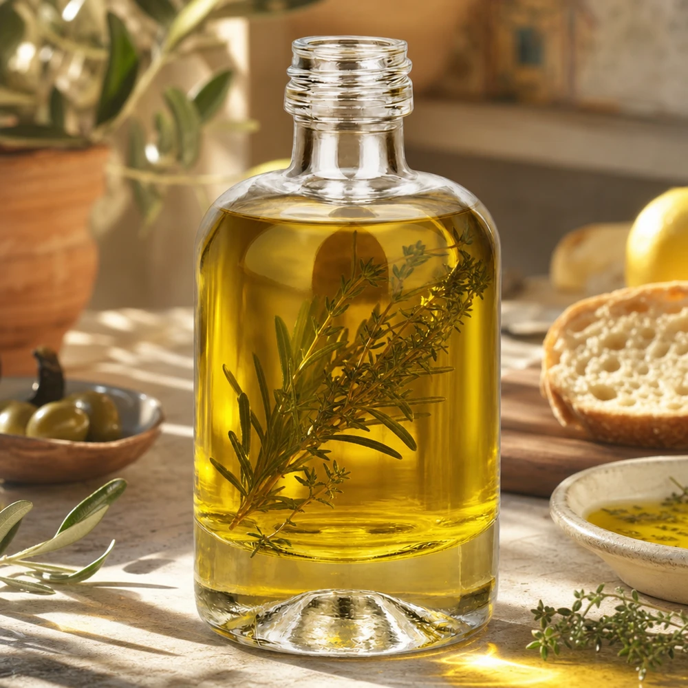 40 ml glasflaske »Sara« uden skruelåg UNiTWIST® 40 ml glasflaske Sara fyldt med urteolie som et anvendelseseksempel til kosmetik og aromaterapi