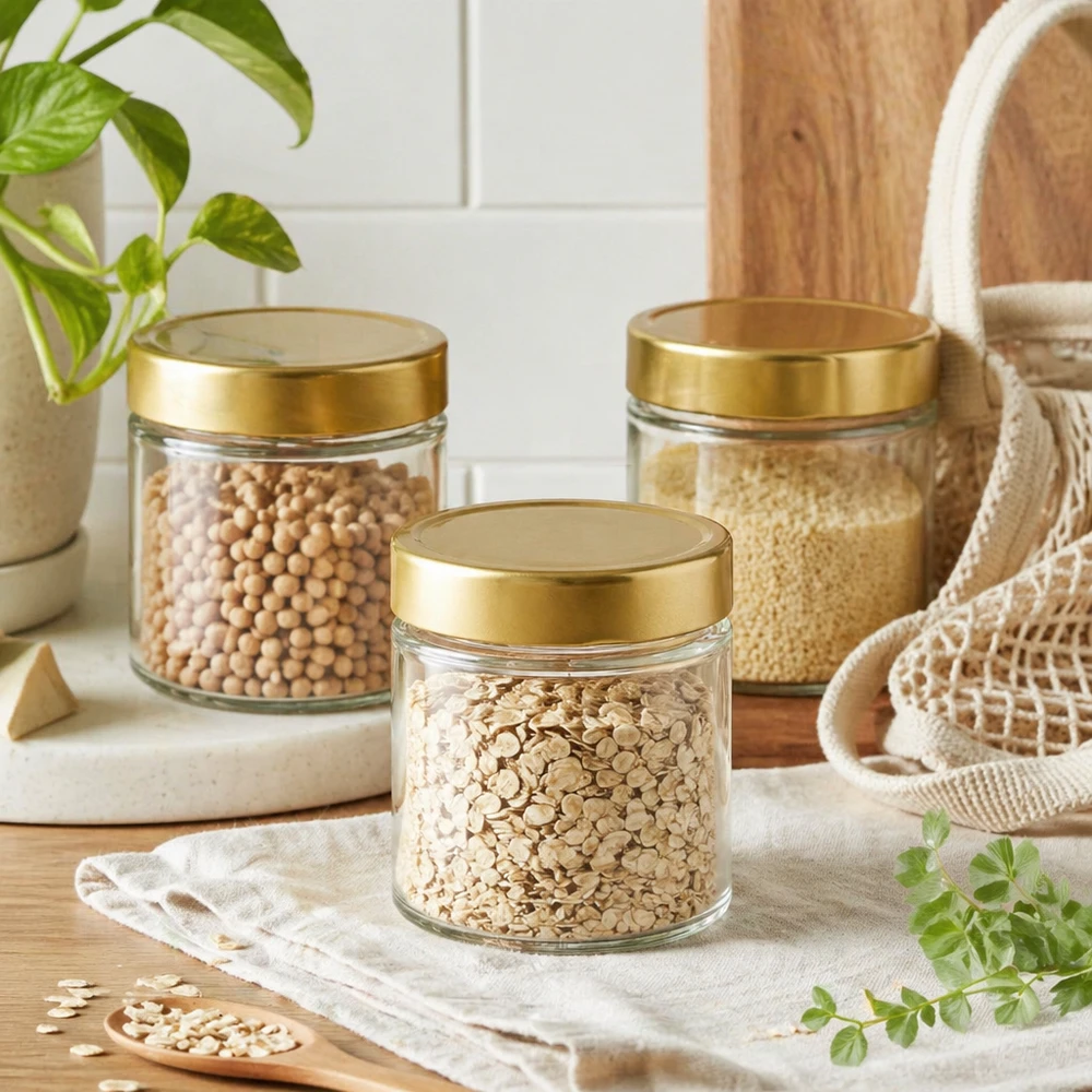 154 ml rund krukke med BasicSeal-låg guld dyb UNiTWIST 154ml Rundglas BasicSeal gold Vorratsdosen Set Haferflocken Kichererbsen Quinoa nachhaltige Küchen Aufbewahrung