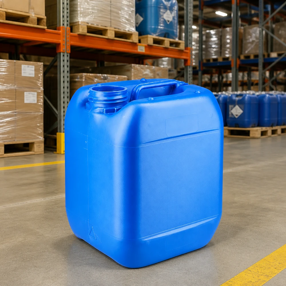 5 liters dunk blå uden låg Blå 5-liters plastdunk uden låg i et kemikalielager med højreolsystem
